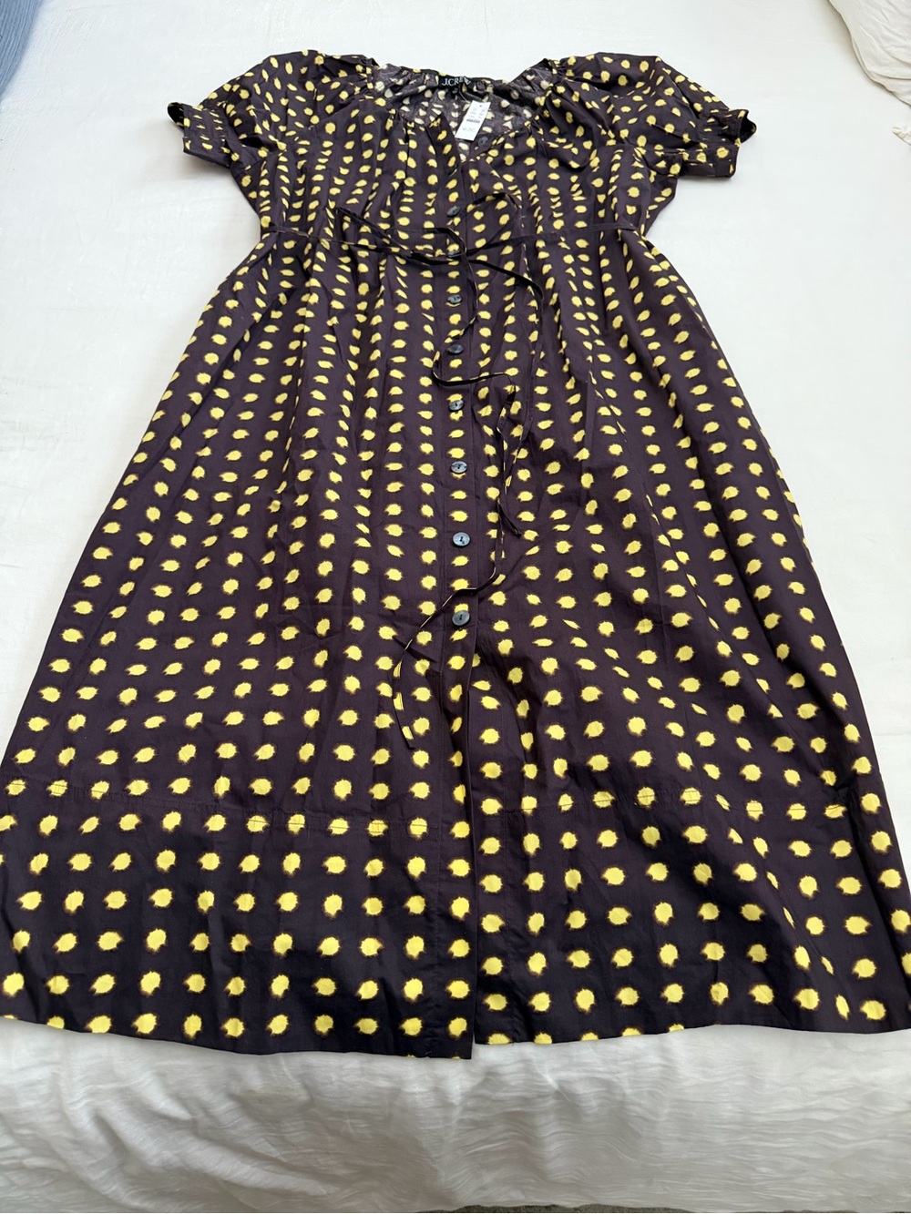J. Crew Brown Dress with Yellow Dot Print — Button-Front Casual Midi